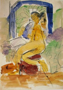 Ernst Ludwig Kirchner: Ragazza seduta nell’atelier, anno 1912-13, acquerello su cartoncino, 58,5 x 38,5 cm., Sprengel-Museum, Hannover.